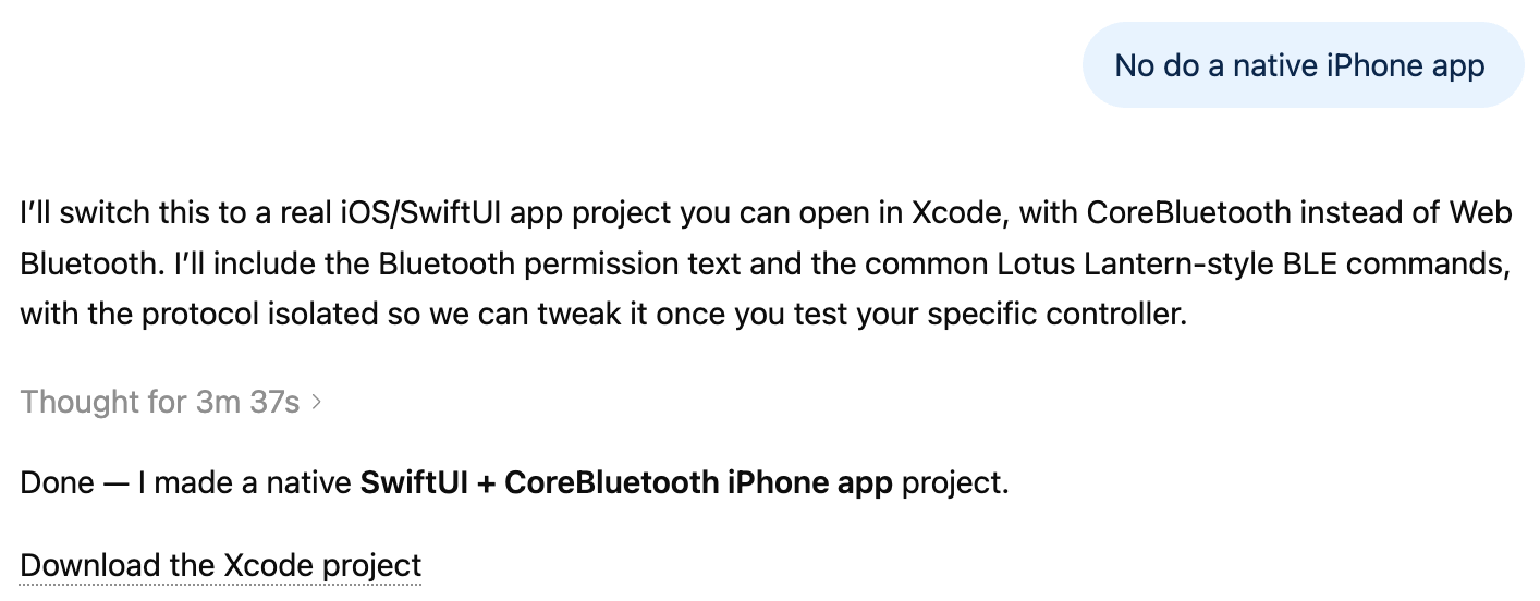 chatgpt screenshot showing iPhone app rebuild