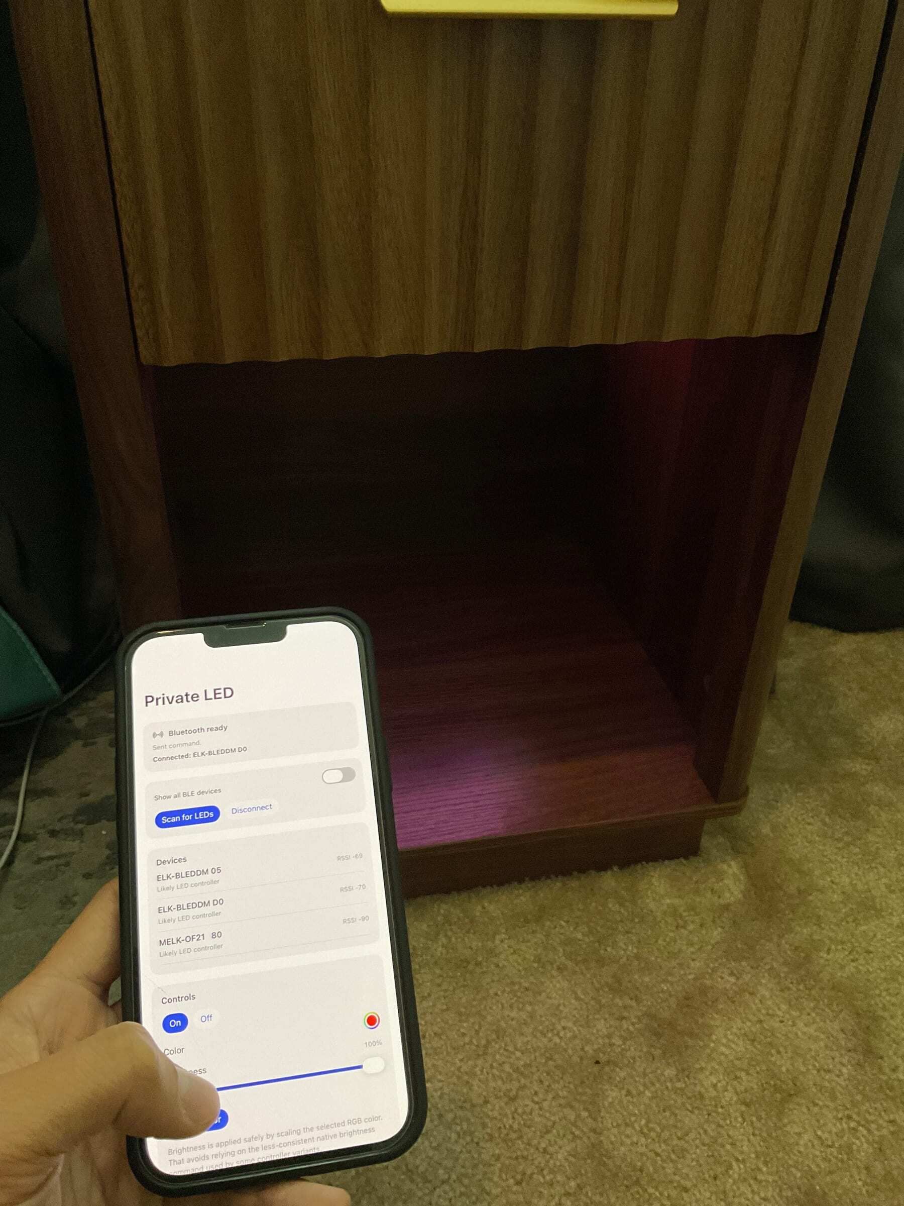 iPhone app controlling the nightstand LED strip