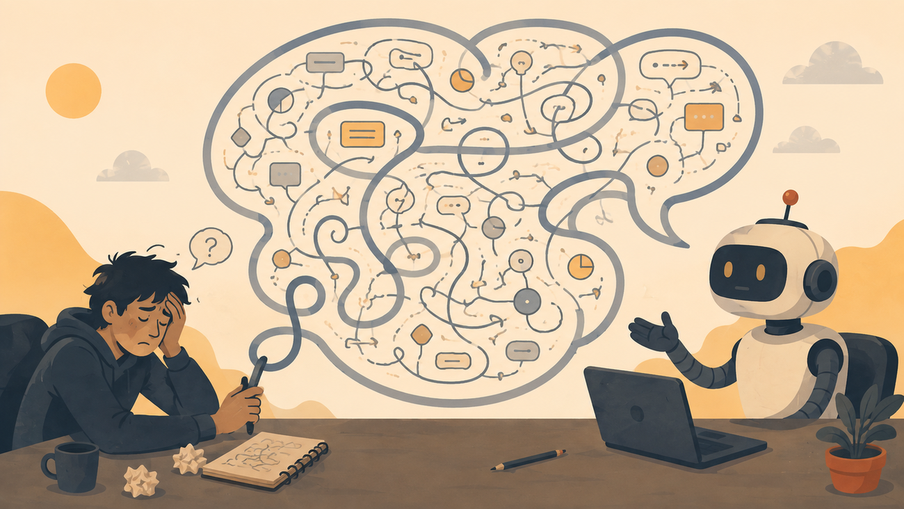 Illustration of a person struggling to understand a confusing AI explanation