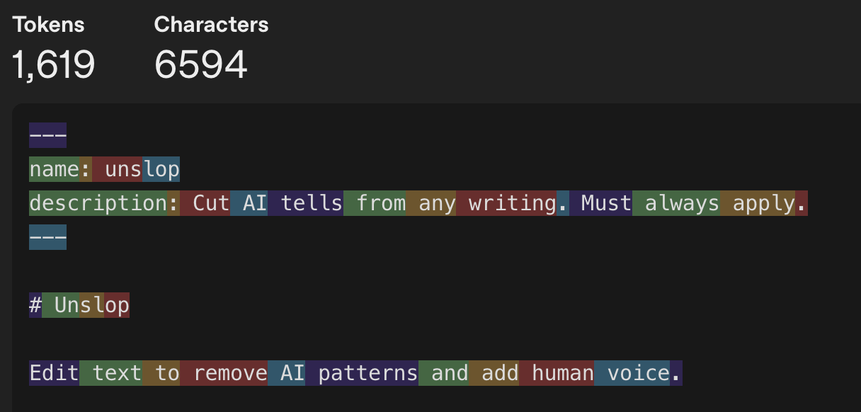 OpenAI tokenizer showing the unslop skill at 1,619 tokens